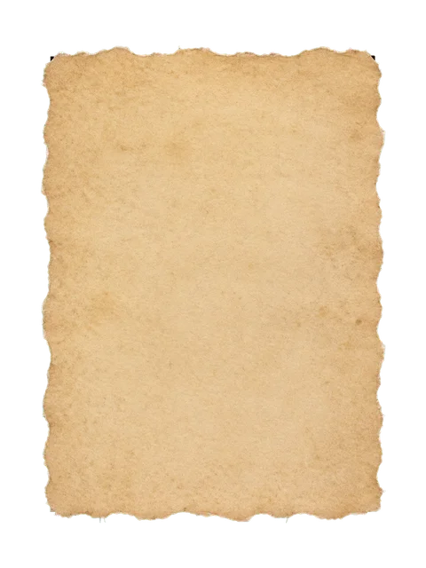 Ochre torn paper PNG showing a full sheet with weathered coarse torn fibers and transparent margins.